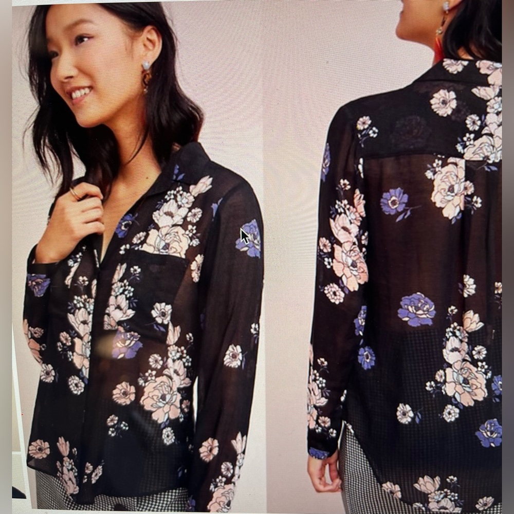 NWOT Cloth & Stone Anthropologie Tavira Sheer Floral blouse Black XXS